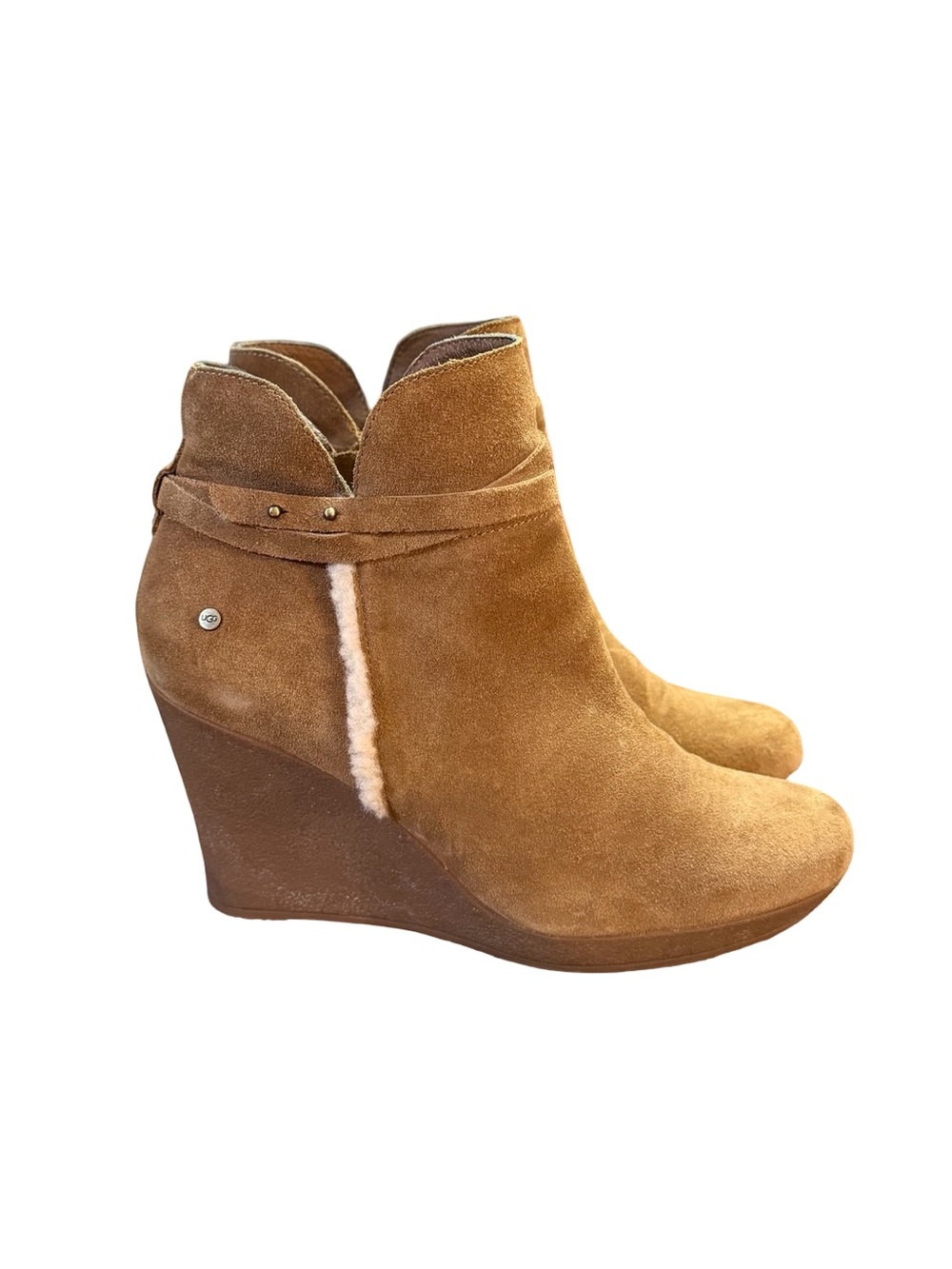 UGG Chestnut Suede Shearling Trim Wedge Ankle Boots Women’s Size 7.5